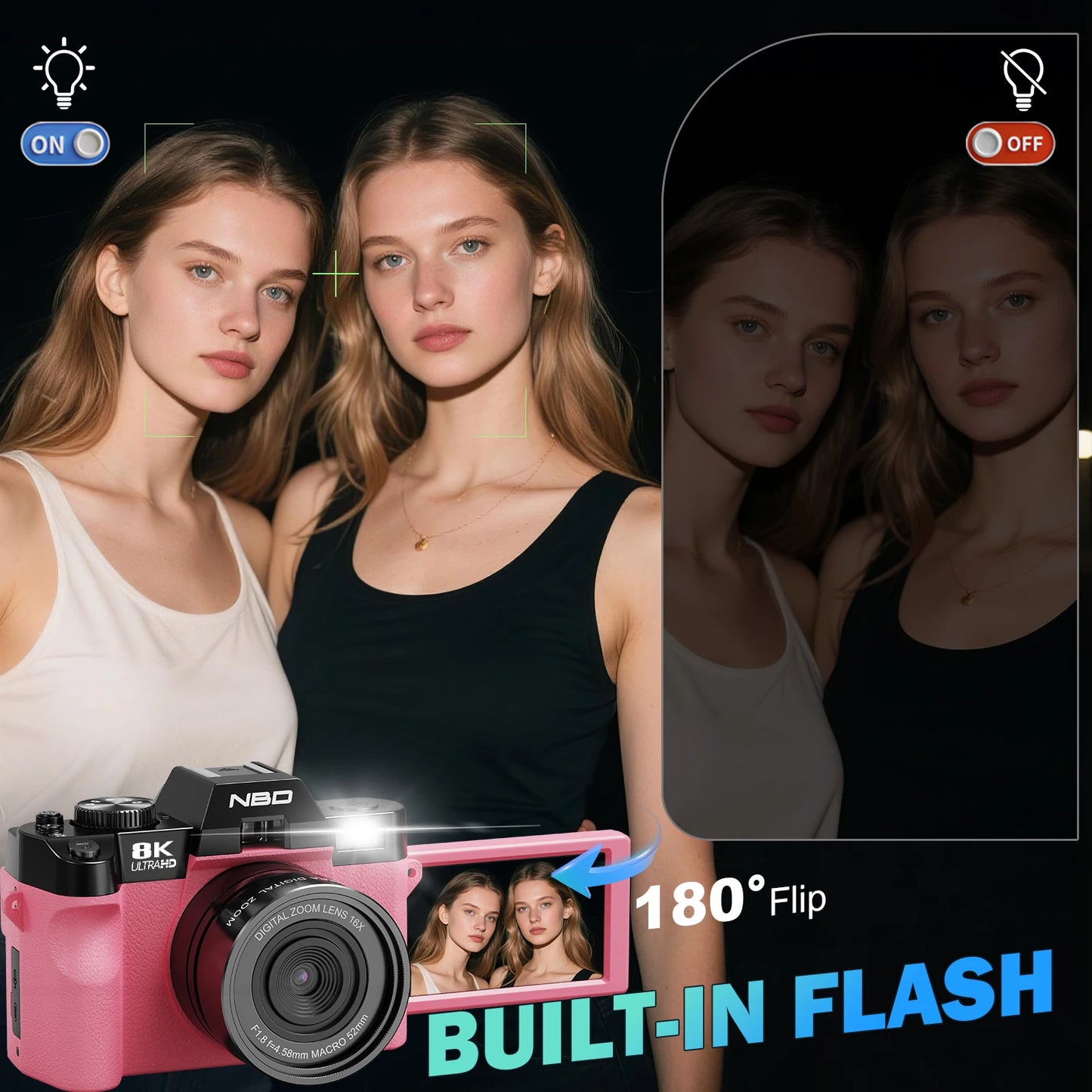 NBD 64MP&8K Video/Vlog Photography Digital Camera Pink Body with App Control Auto Focus Camera  ** SHIPS FROM CHINA **