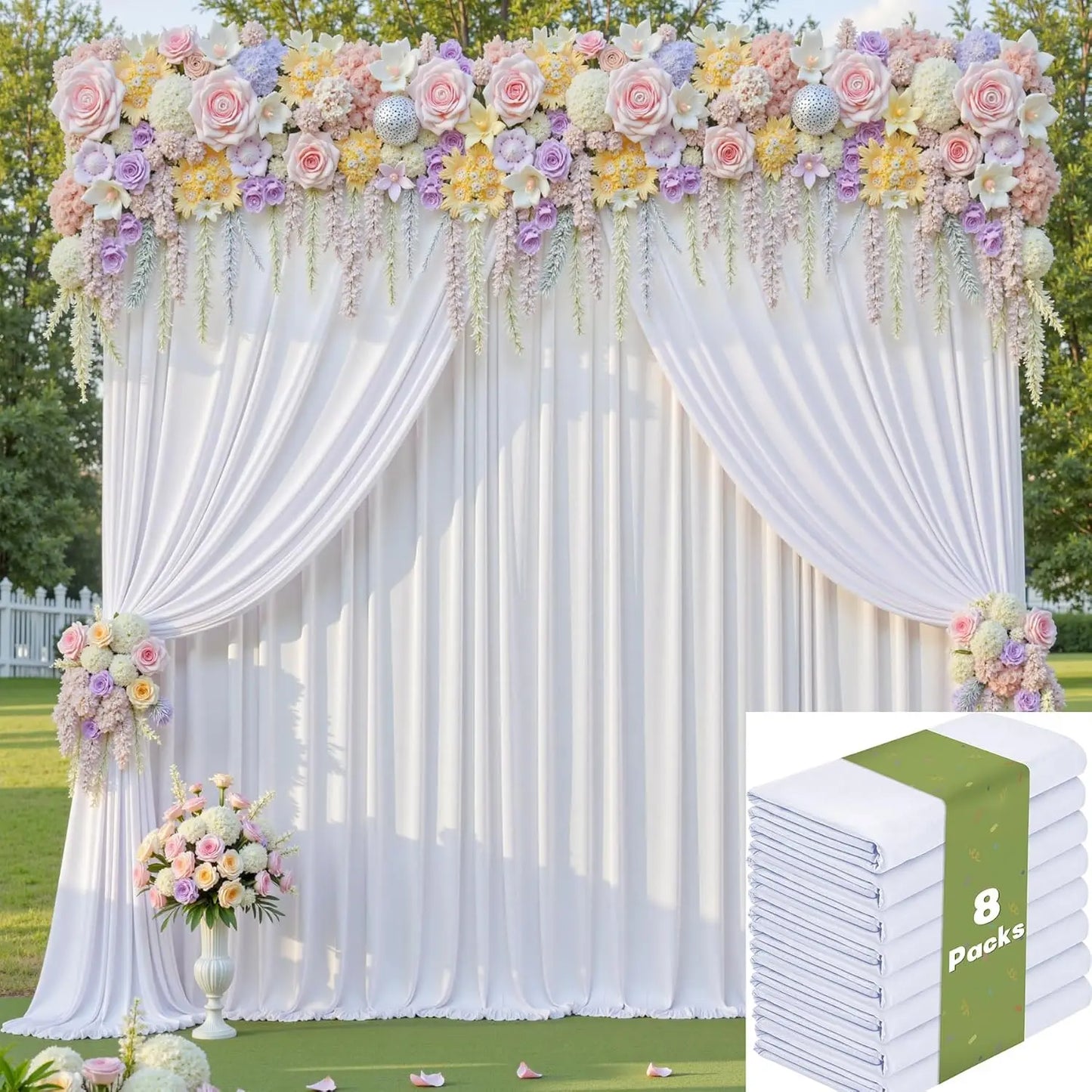 40×10 ft White Backdrop Curtain for Wedding Parties, 8 Panels 5ft x 10ft Height Photo Backdrop Drapes