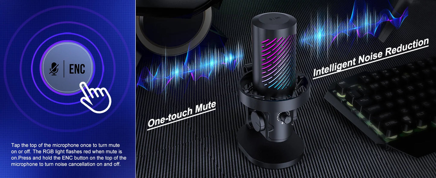 Tenlamp CG1 RGB USB condenser microphone for PC and laptop in black with one-touch mute ENC and RGB lighting