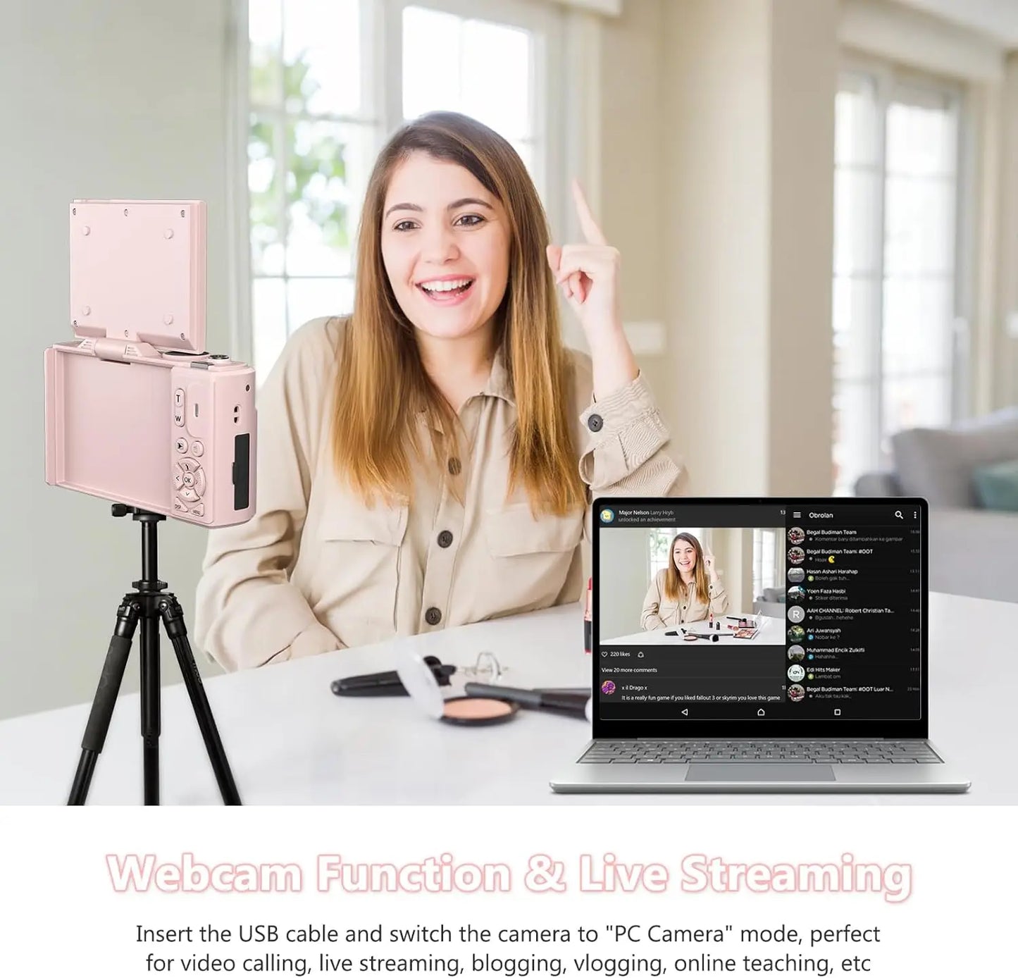 Pink 64MP Photo Capture 4K Digital Camera, 180° Flip Screen Vlogging Camera, WiFi-Enabled Compact Point-and-Shoot with 32GB Memory Card, Easy to Use for Beginners and Travelers,