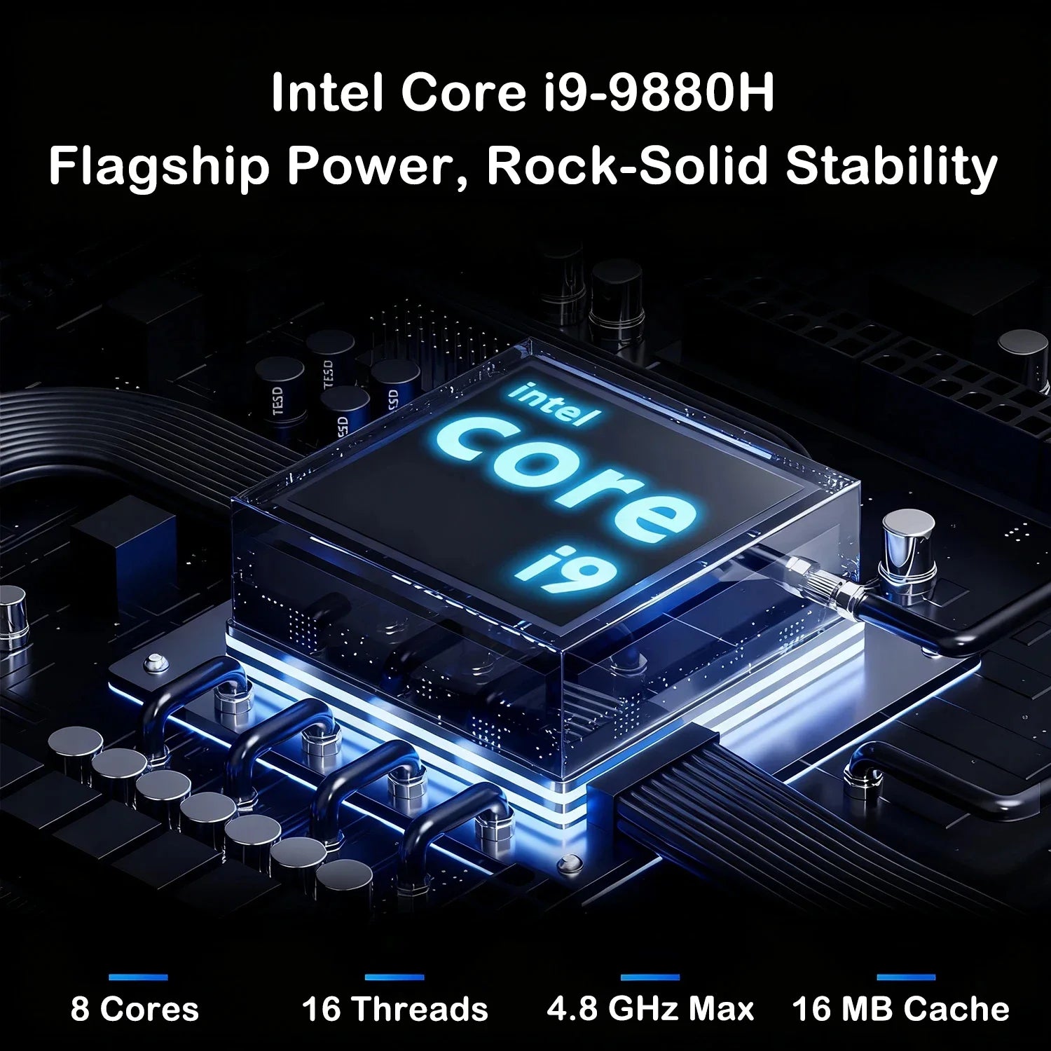 Intel Core i9-9880H processor on a motherboard with text highlighting its features.