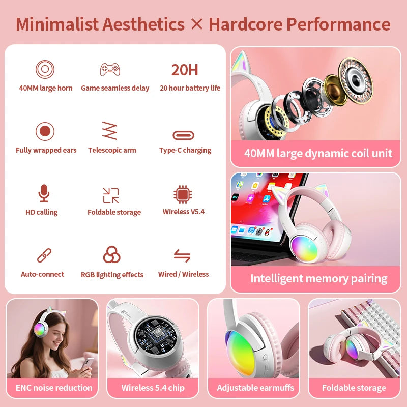 Cute Cat Ear RGB Wireless Headphones, Bluetooth 5.4, 350mAh Battery, 20H Playtime, Foldable Over-Ear Headset with Mic, HiFi Sound Multiple Colors