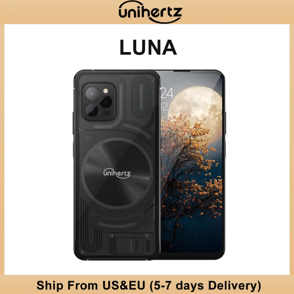 Unihertz Luna Smartphone Rhythm Ambient LED strip Music Phone 8GB RAM 256GB ROM 108MP G99 Mobile Phone Night Vision Cellphone
 4G Android smartphone featuring a transparent back with RGB "Loop Breathing Light" LED strips that