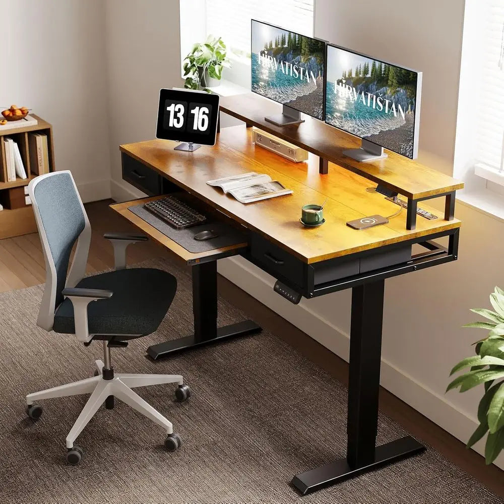 55 Height-Adjustable Standing Desk with Drawers, Keyboard Tray, Power Outlets, LED Lights, and Monitor Stand for Home or Office