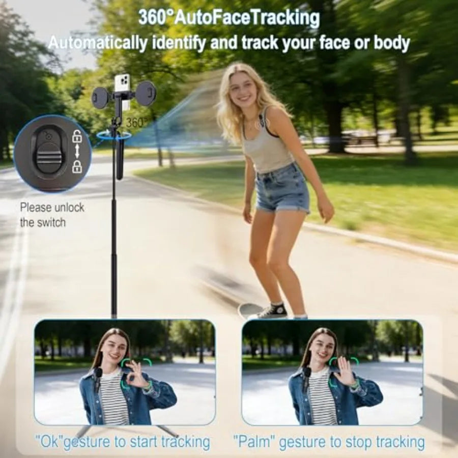 71" Content Creator Essentials Vlogging Kit - 2 Lights and 2 Mics 360° Rotating Auto Face Tracking Tripod for iPhone/Android/Ca