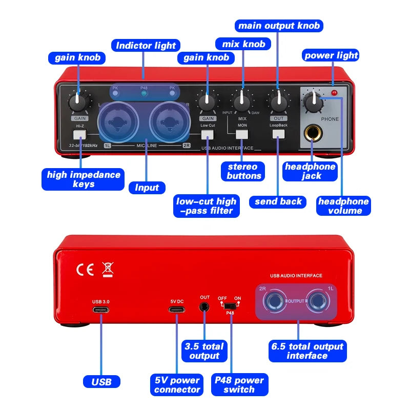 NXG MD21 USB audio interface in red with mic input, 24-bit, by Perfect Take Gear