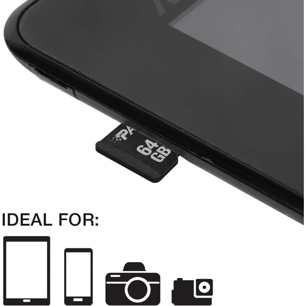 64GB microSD card bundle from Perfect Take Gear shown with memory card inserted into a smartphone