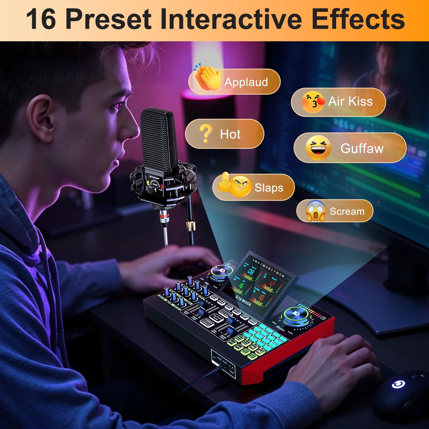 Tenlamp G10 PKPRO Live Sound Card with 6-Channel Mixer and RGB Lighting