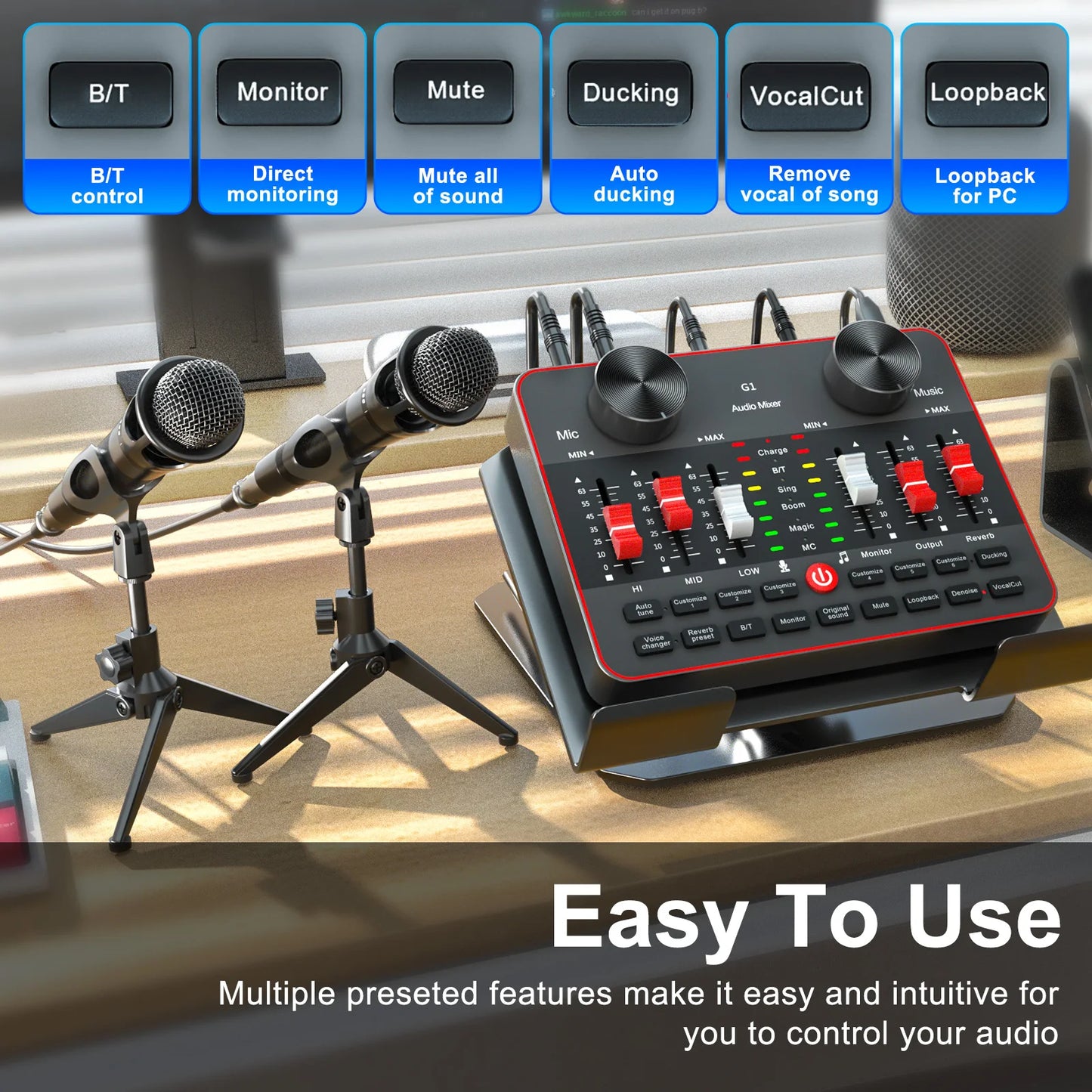 Podcast Equipment Bundle, All-in-One Audio Interface DJ Mixer with 2 Condenser Microphones, Recording Studio Kit Live Sound Card for Singing Broadcast, Live Streaming, Gaming