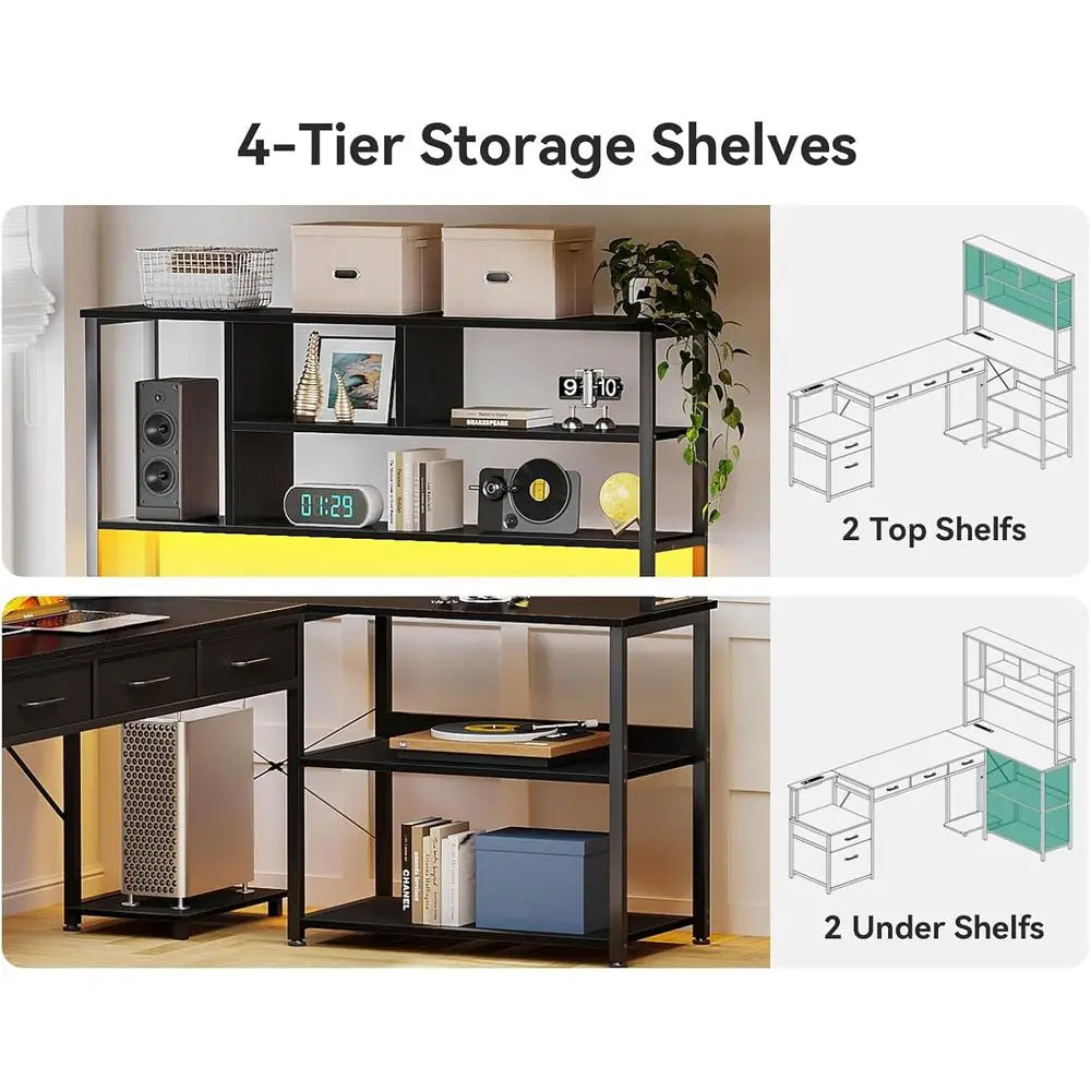 79 inch L Shaped Desk with 5 drawers, Reversible L Shaped Gaming Desk with LED Light & 2 Power Outlets, Computer Desk with Storage