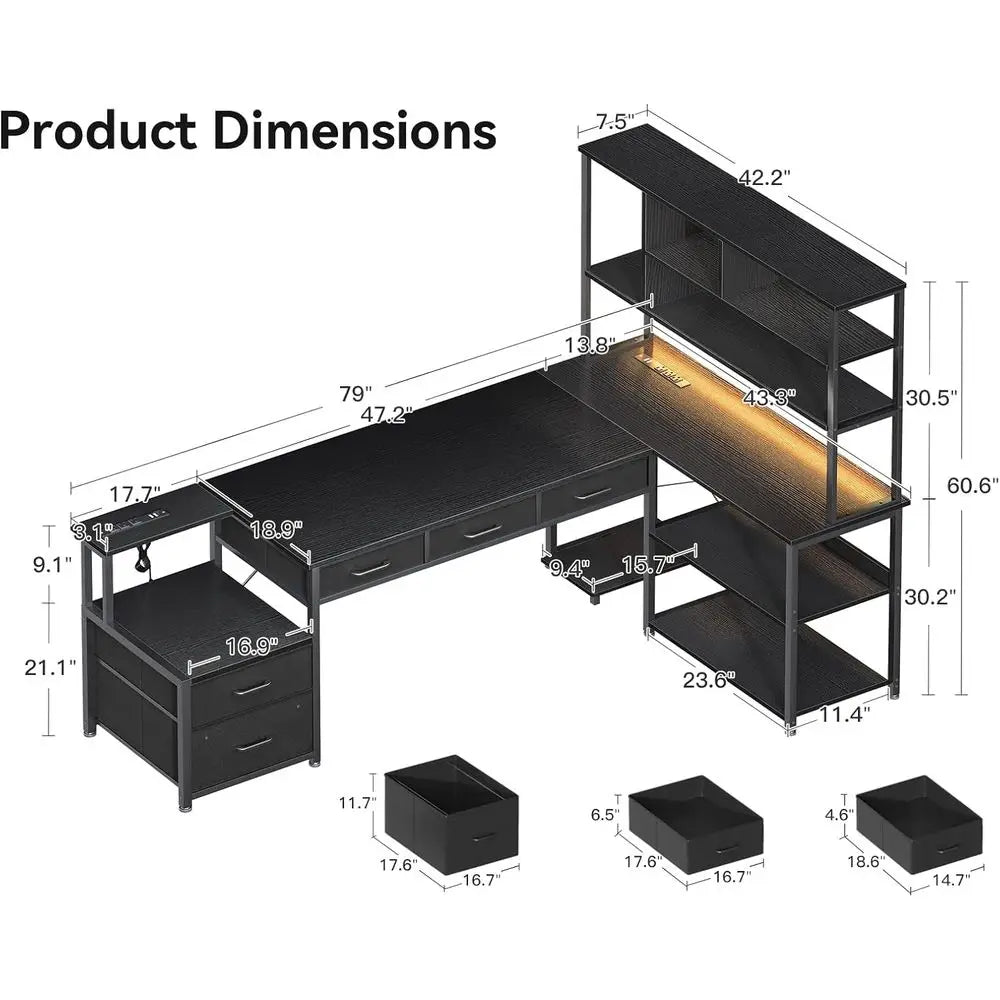 79 inch L Shaped Desk with 5 drawers, Reversible L Shaped Gaming Desk with LED Light & 2 Power Outlets, Computer Desk with Storage