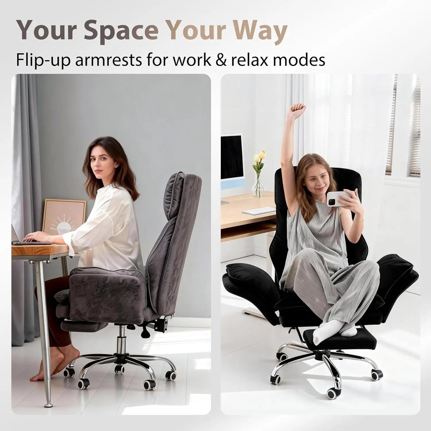 Big and Tall Office Chair, Executive Ergonomic Computer Gaming Chair with Foot Rest, Flip Armrests for Cross Legged, Multiple Colors