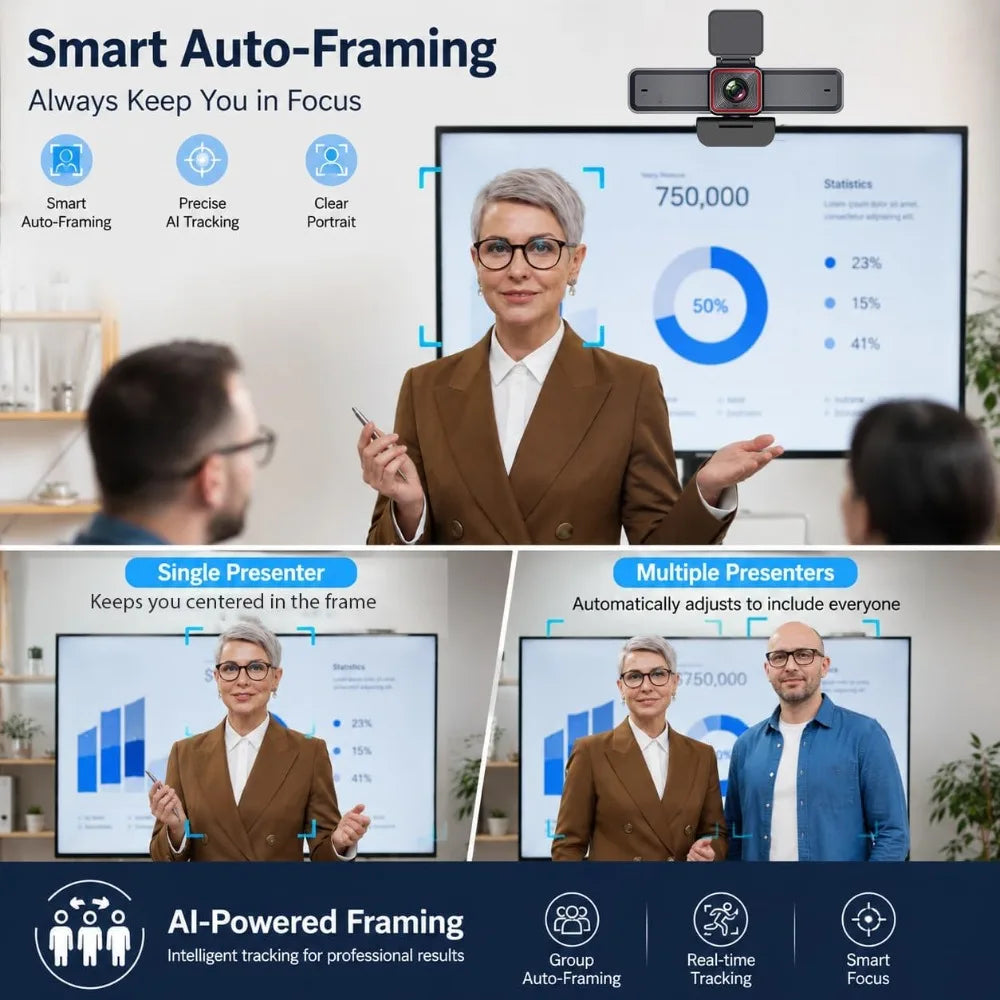 4K Webcam with AI Tracking, 100° Wide Angle, Remote Control, 10X Digital Zoom, 1080P 60fps, HDR, Dual Noise Cancelling Mics for Video Calls/Meetings/Streaming