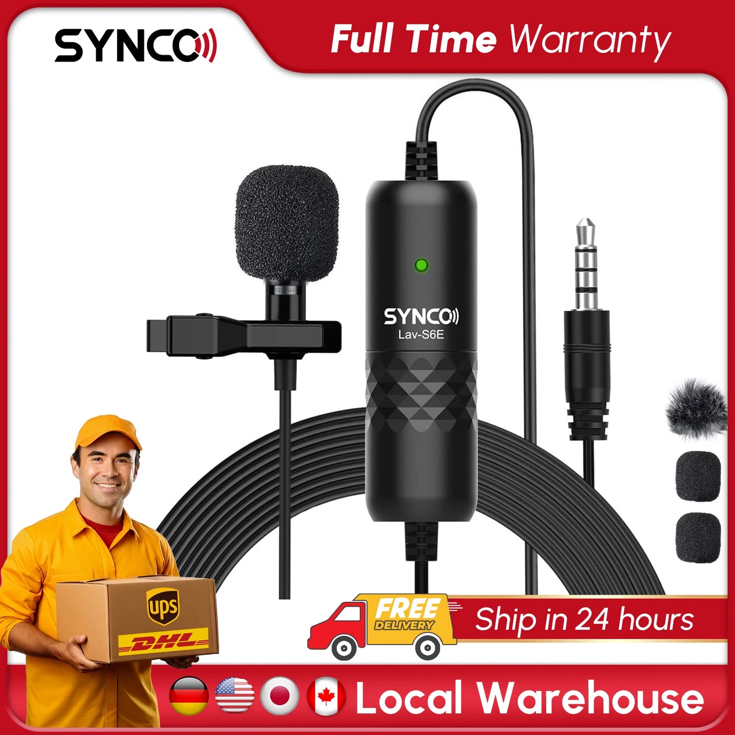 Synco 6m Lavalier Microphone, Lav-S6E Lapel Microphone with Clip Omnidirectional Capacitor Mini Clip Microphone with Cable