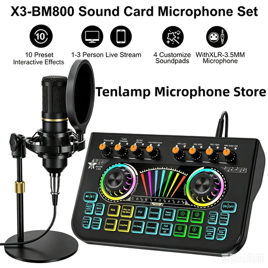 Podcast Equipment Bundle with 3.5mm Condenser Microphone forPc/Phone,Podcast Microphone Bundle with Live Sound Card Audio Mixer