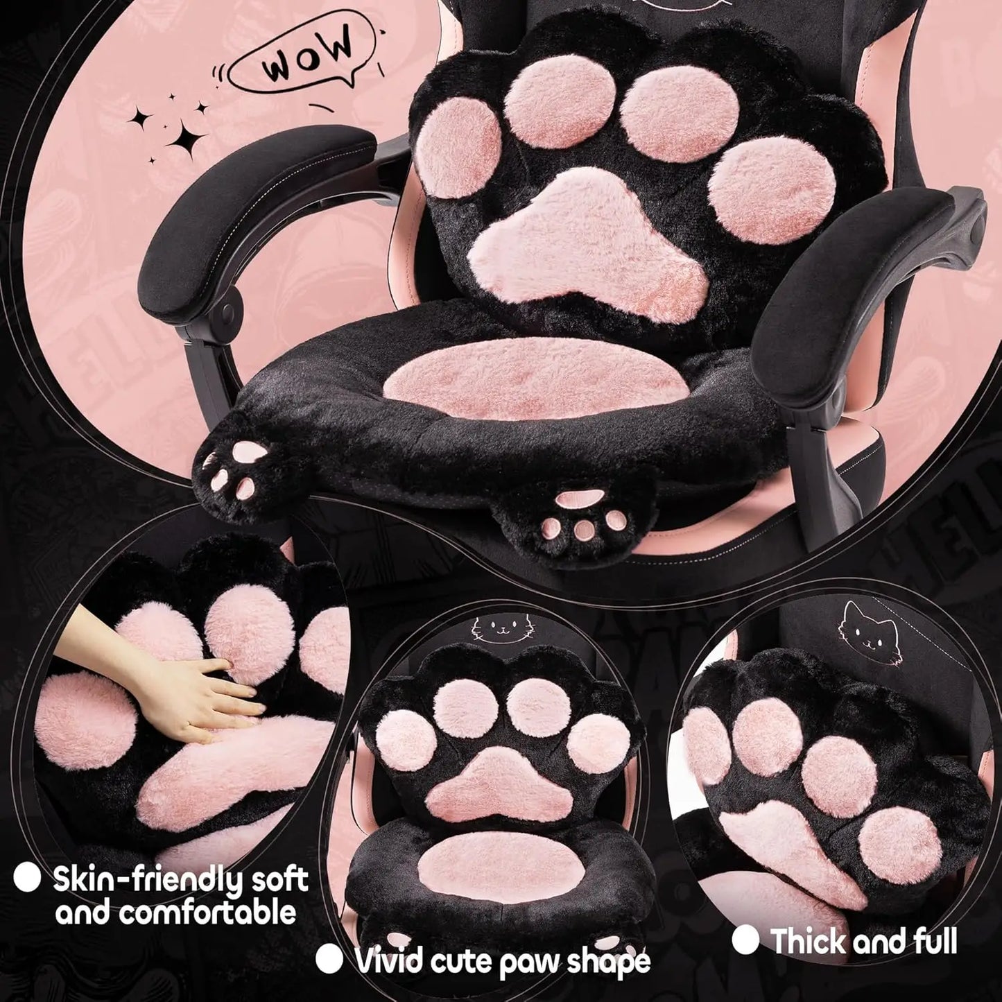 Pink Cute Gaming Chair with Cat Ears & Paw Lumbar Cushion, Ergonomic Reclining Computer Chair with Footrest, Customized Multiple Colors