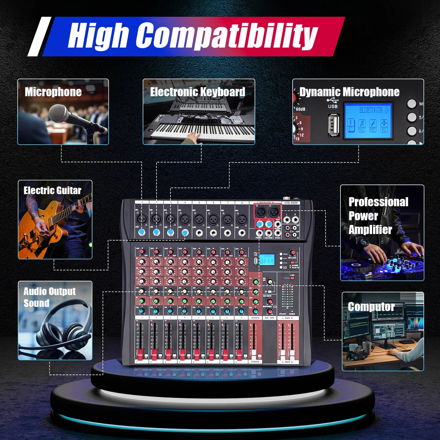 Bymaocar Professional Audio Mixer With Bluetooth USB Recording