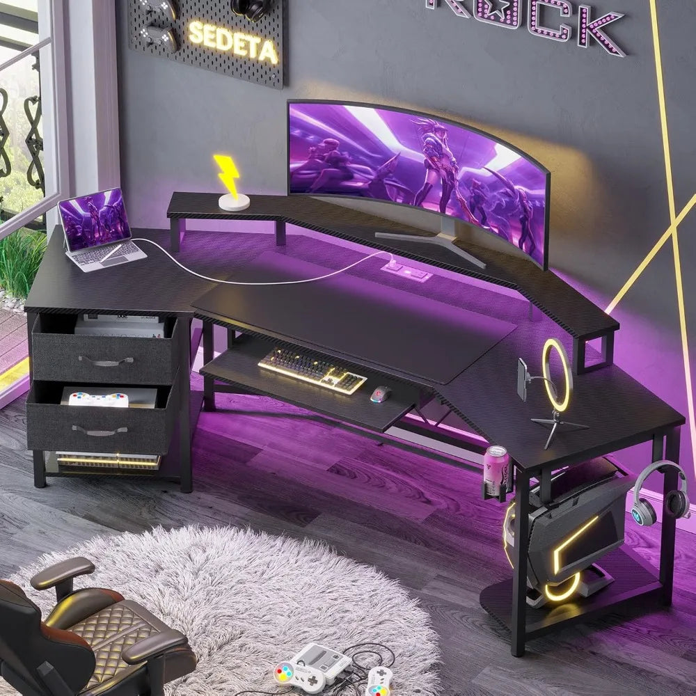 79" Gaming Desk, Computer Desk with 2 Fabric Drawers & LED Light, L Shaped Gaming Desk with Storage Shelf for Home, Customized