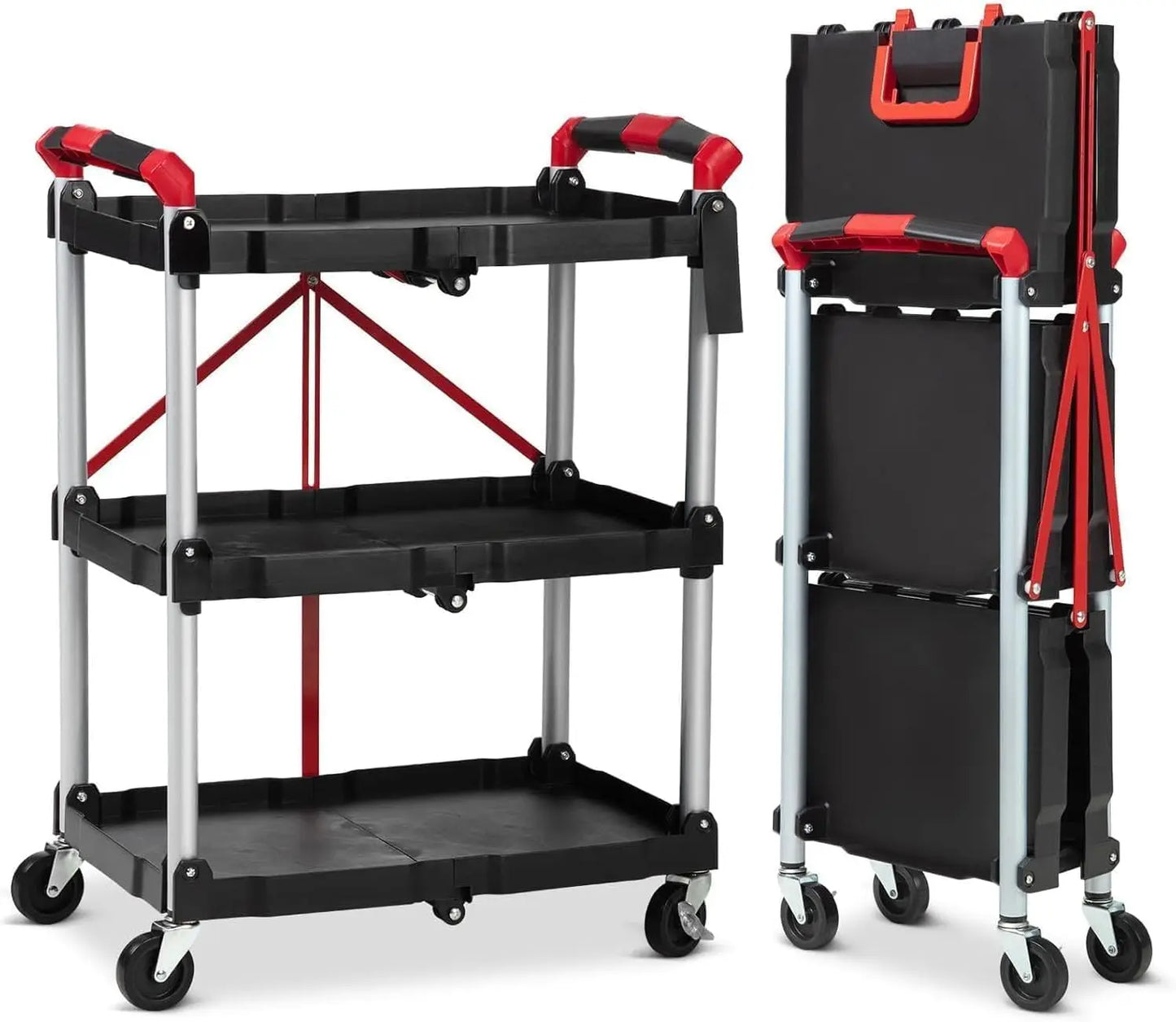 Three-tier foldable utility cart with black plastic shelves and matching folding case