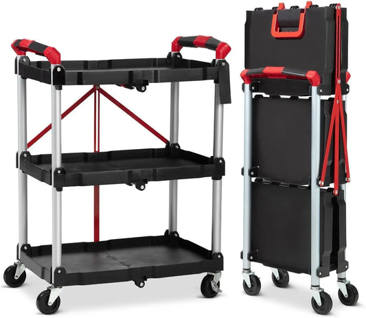 Three-tier foldable utility cart with black plastic shelves and matching folding case
