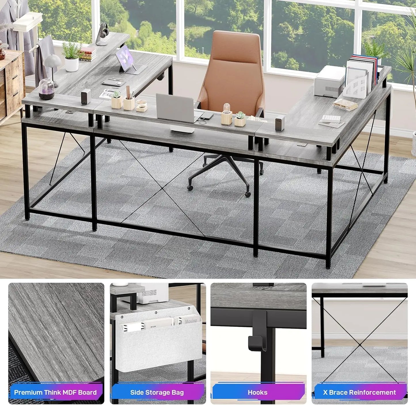 U Shaped Gaming Desk with Monitor Stand Storage Shelves, Corner Computer Desk with 2 Power Outlet Adjustable RGB Color LED Light