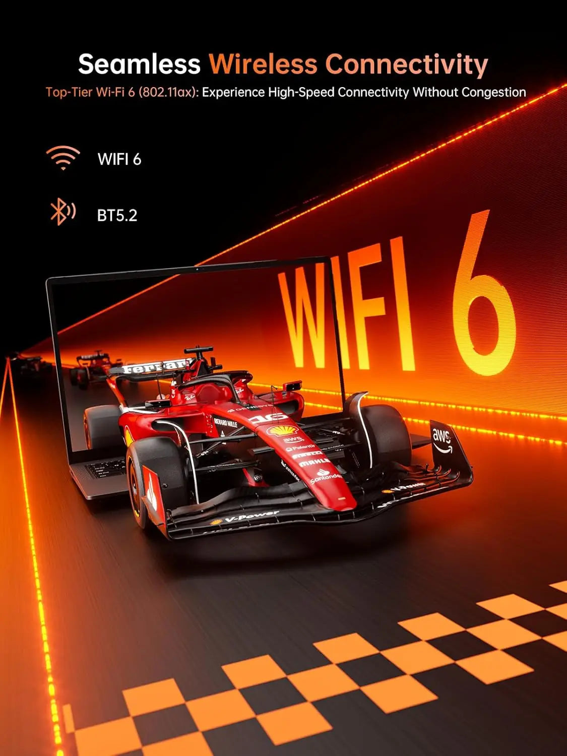 Kamrui 16-inch gaming laptop with AMD Ryzen 9 processor and Radeon graphics, red race-car graphics on screen