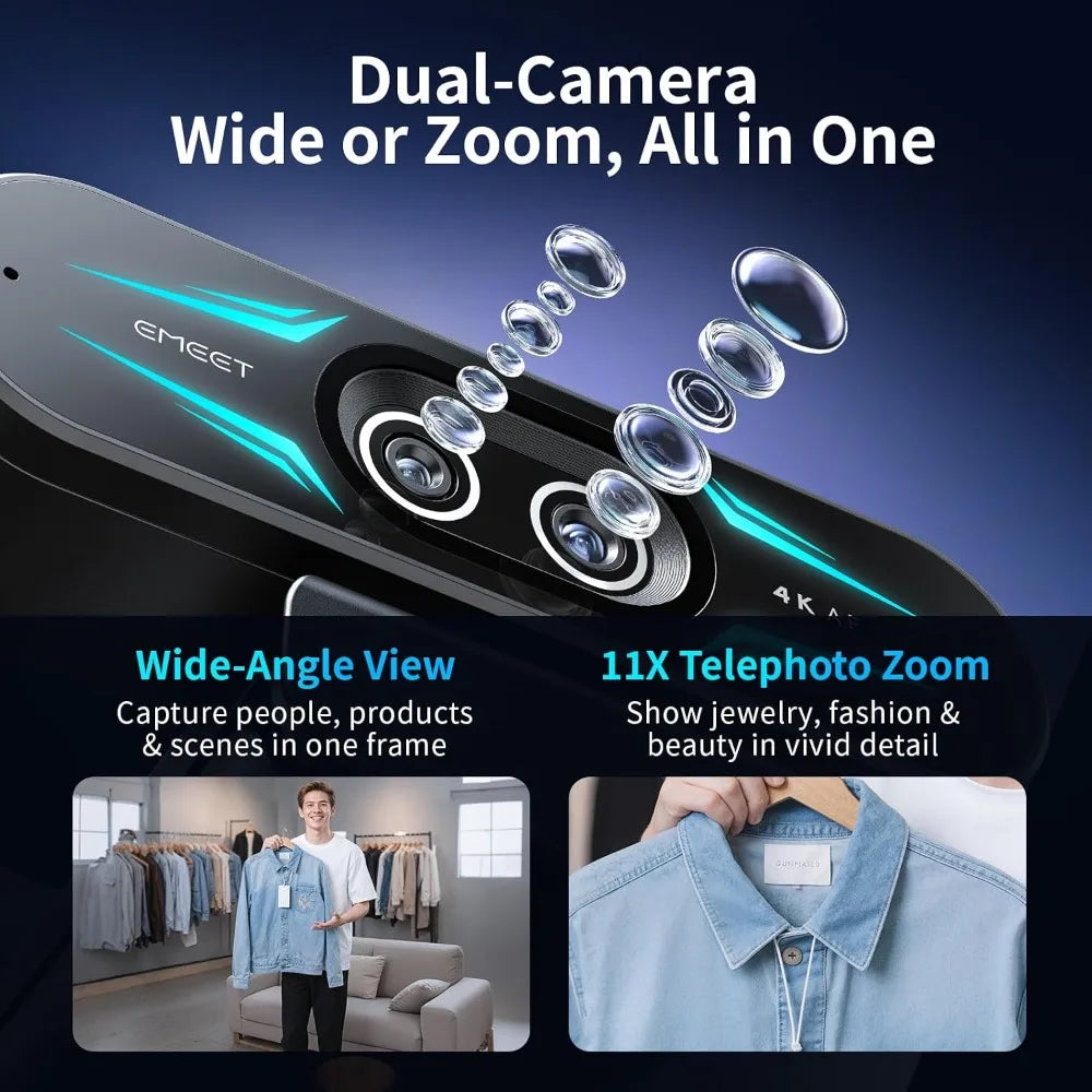 4K Dual-Camera Webcam with 11X Hybrid Zoom, PDAF Autofocus, Remote Control, RGB Lighting, 2 Mics for Streaming & Meetings