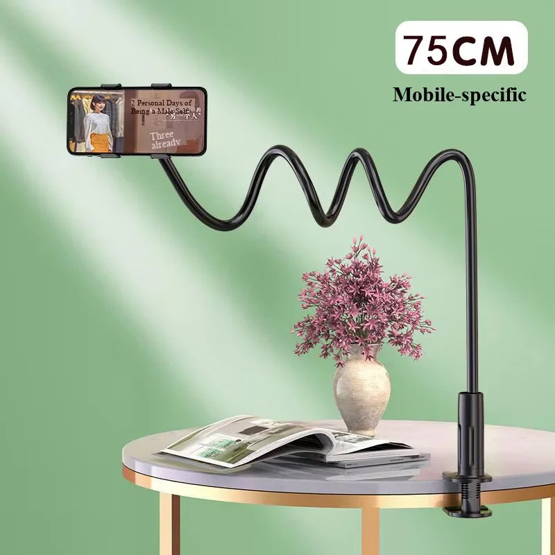 Universal Lazy Phone Holder Clip Stand by Perfect Take Gear, 75cm gooseneck, black plastic for bed and desk