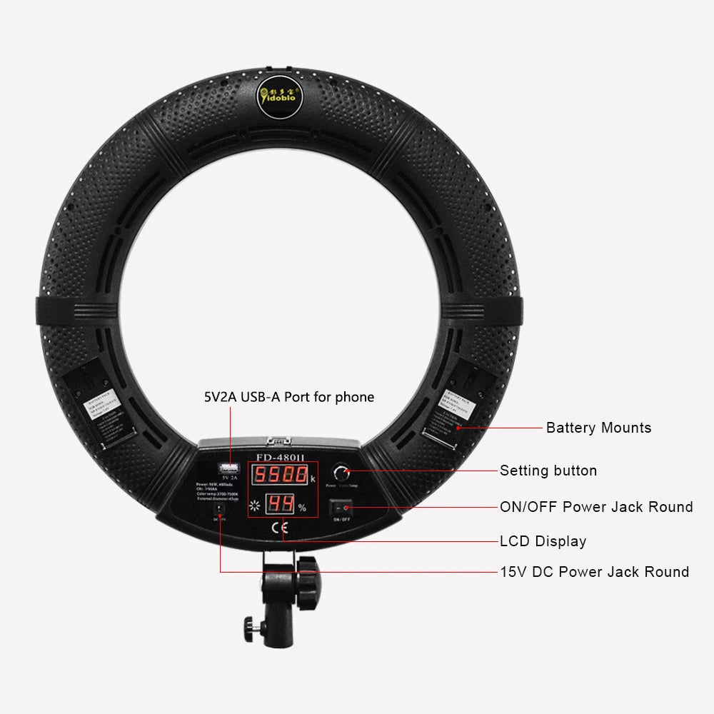 Yidoblo FD-480II LED Light Ring Kit Bi-color 96w Selfie Light Video Ring Light Lamp with Light Stand Bag Led Makeup Right CRI95+