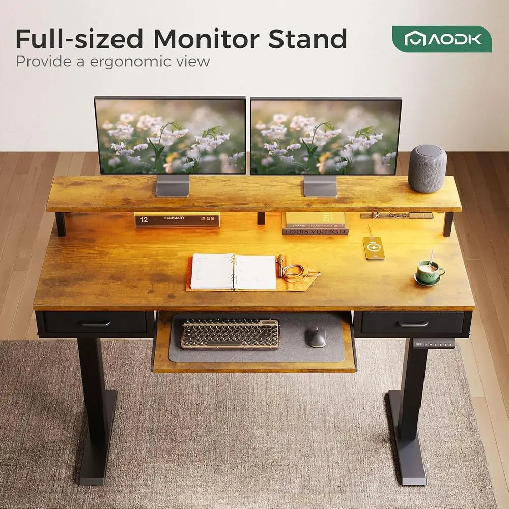 55 Height-Adjustable Standing Desk with Drawers, Keyboard Tray, Power Outlets, LED Lights, and Monitor Stand for Home or Office