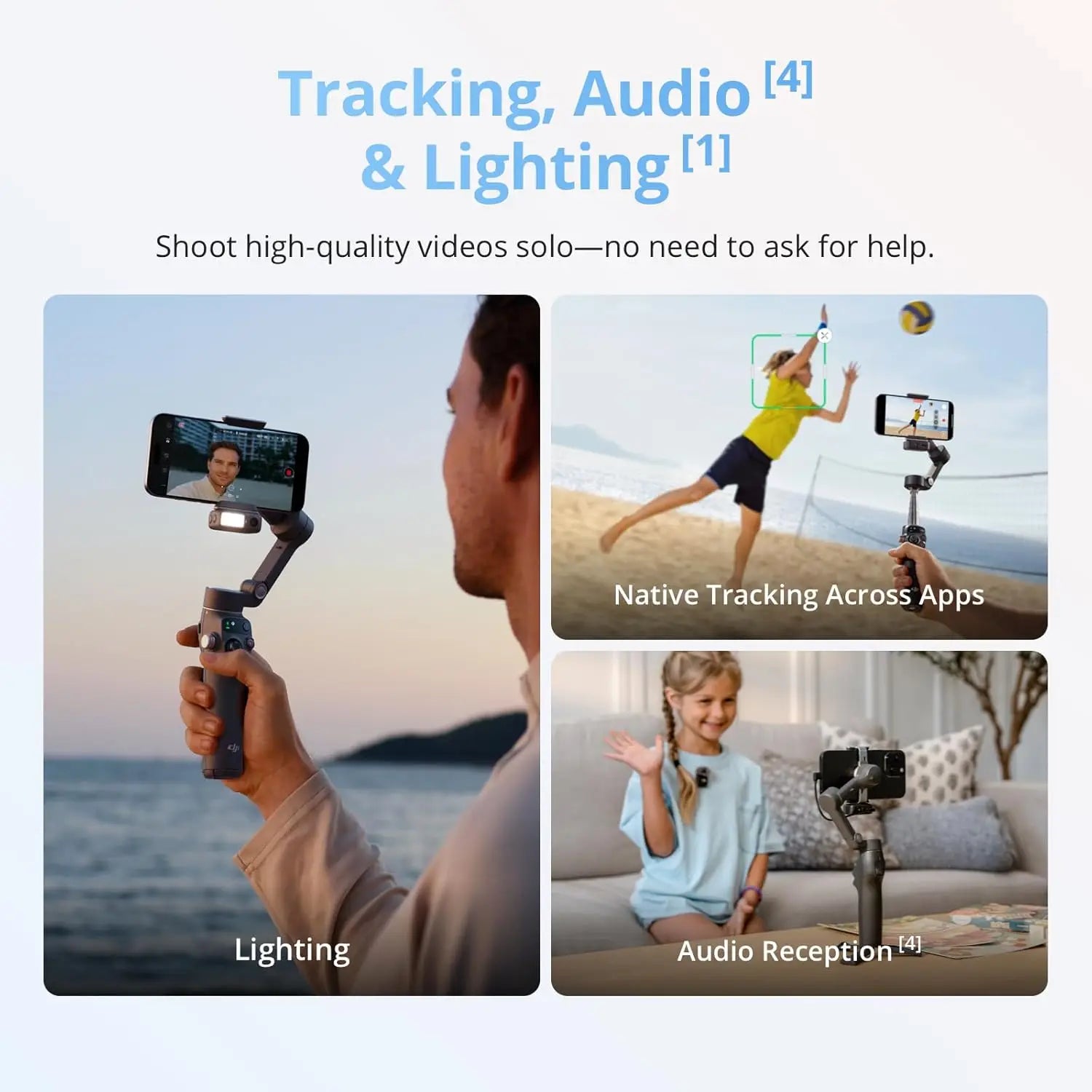 Osmo Mobile 8 gimbal stabilizer with smartphone mount, LED lighting and AI tracking
