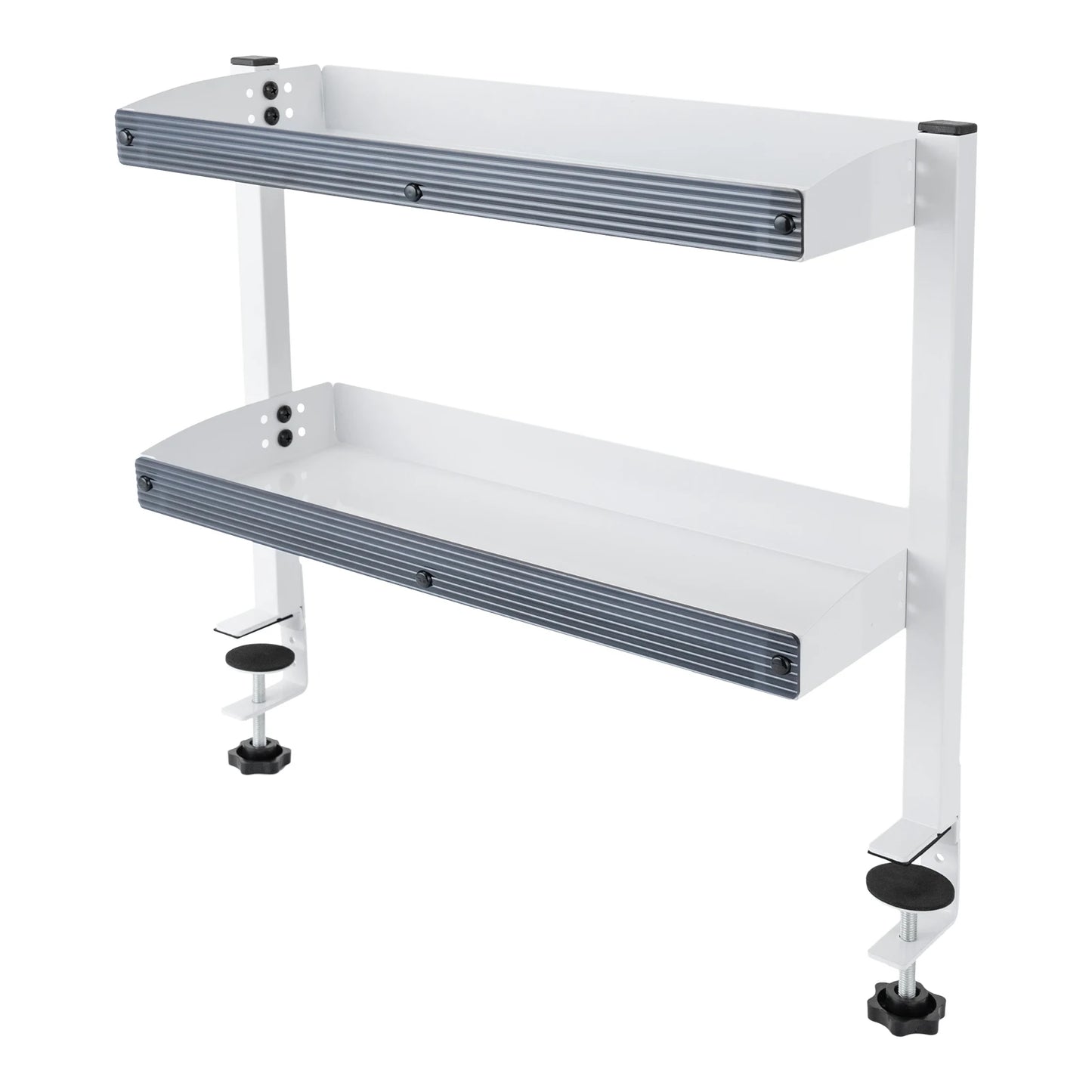 Carbon steel two-tier desk shelf with clamp mount, empty on a white background