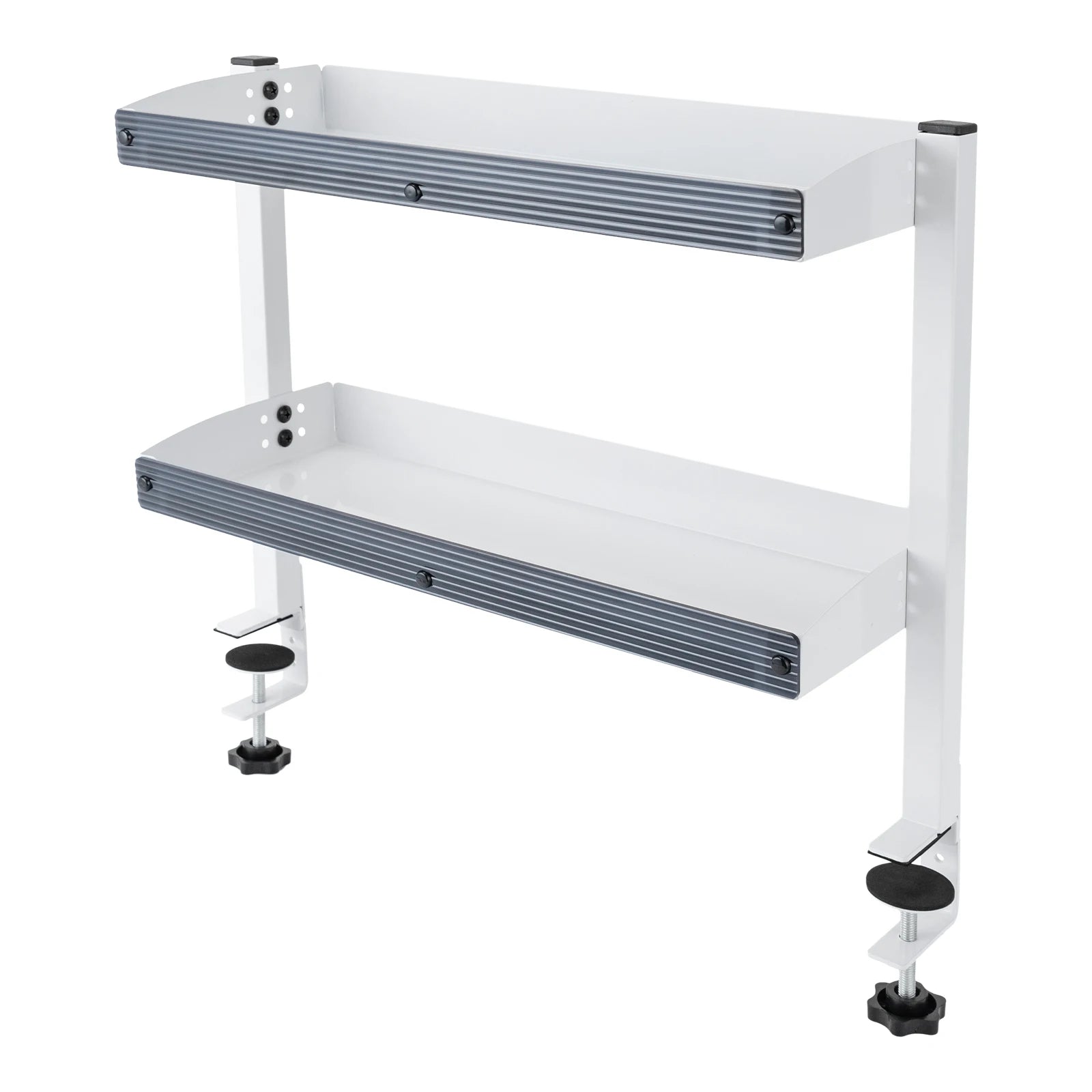 Carbon steel two-tier desk shelf with clamp mount, empty on a white background