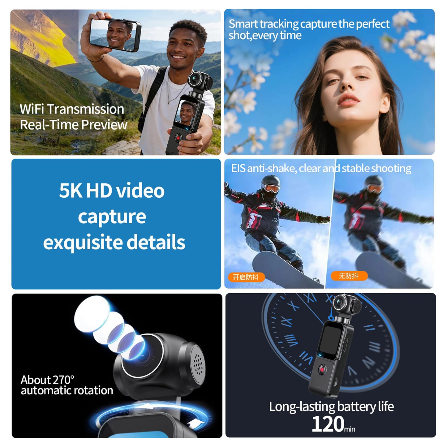 5K HD Handheld Camera 270° Rotation Lens Touchscreen Action Camera Anti-shake Autofocus Vlogging Camcorder