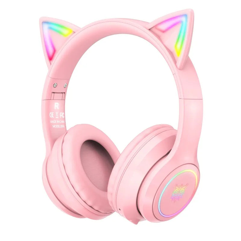 Onikuma B90 Pink Cat Ear Gaming Headset RGB Bluetooth 5.0 Foldable Wireless Headphones With HD Mic For PC Laptop Mobile Gaming **Ships from China**