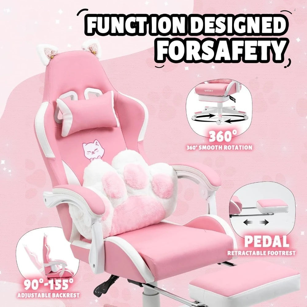 Cat, Dog, Cow Theme Gaming. Chair - Pink, Blue, Green , White PU Leather Ergonomic Reclining Office Chair with Footrest, 310lb Capacity, 6-Position, Customized Available in Multiple Colors.