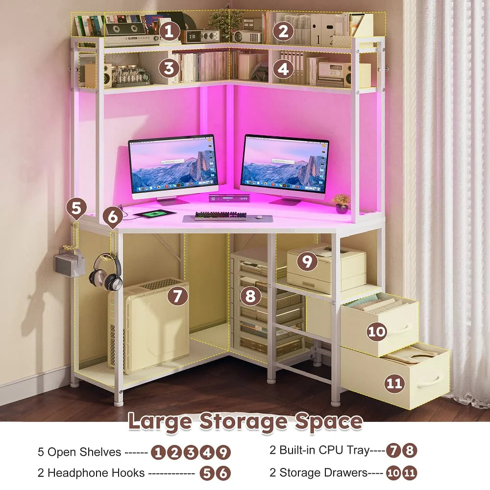 Corner Computer Desk with Power Outlets & LED Lights Gaming Desk with Storage Drawers & Shelves and Hook for Small Space