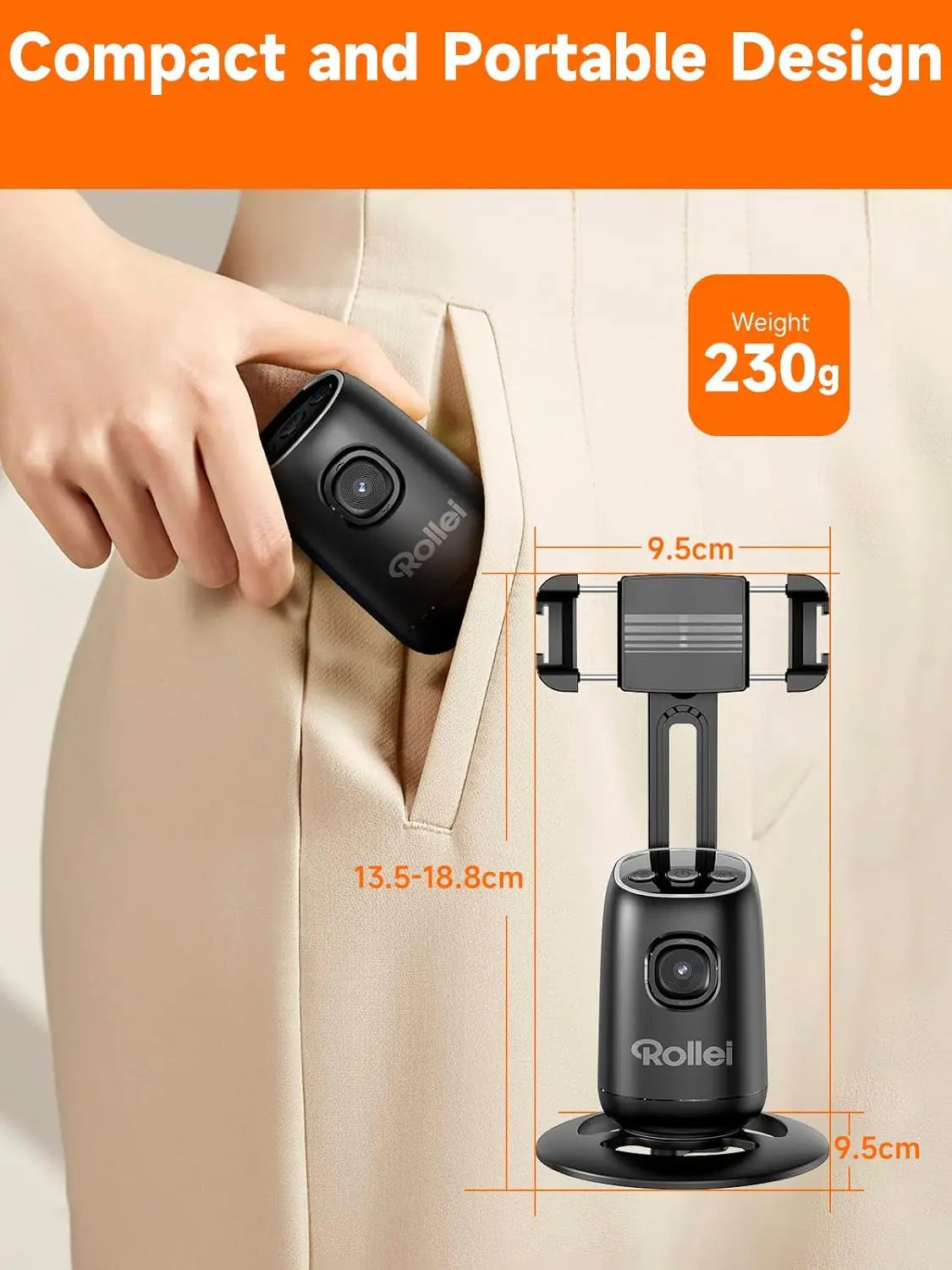 Rollei auto face-tracking phone tripod stand in black with 360-degree rotation and mobile holder