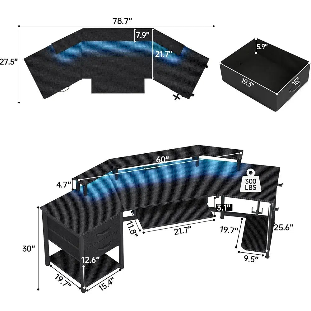 79 Inch L Shaped Gaming Desk With Carbon Fiber Top And Led Lights