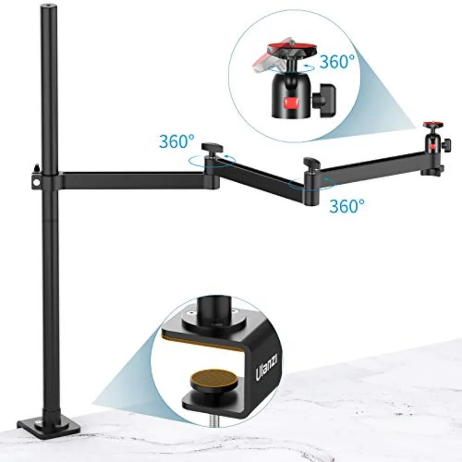 ULANZI Camera Desk Mount Stand for overhead filming, aluminum alloy, black, flexible articulated arm with 360 rotatable ball head