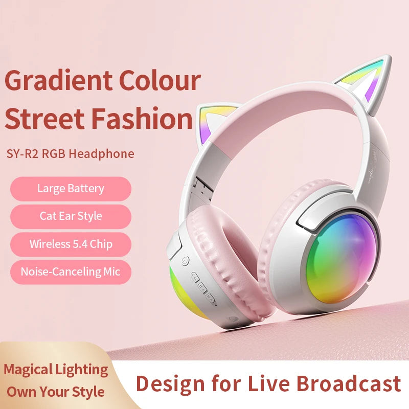 Cute Cat Ear RGB Wireless Headphones, Bluetooth 5.4, 350mAh Battery, 20H Playtime, Foldable Over-Ear Headset with Mic, HiFi Sound Multiple Colors