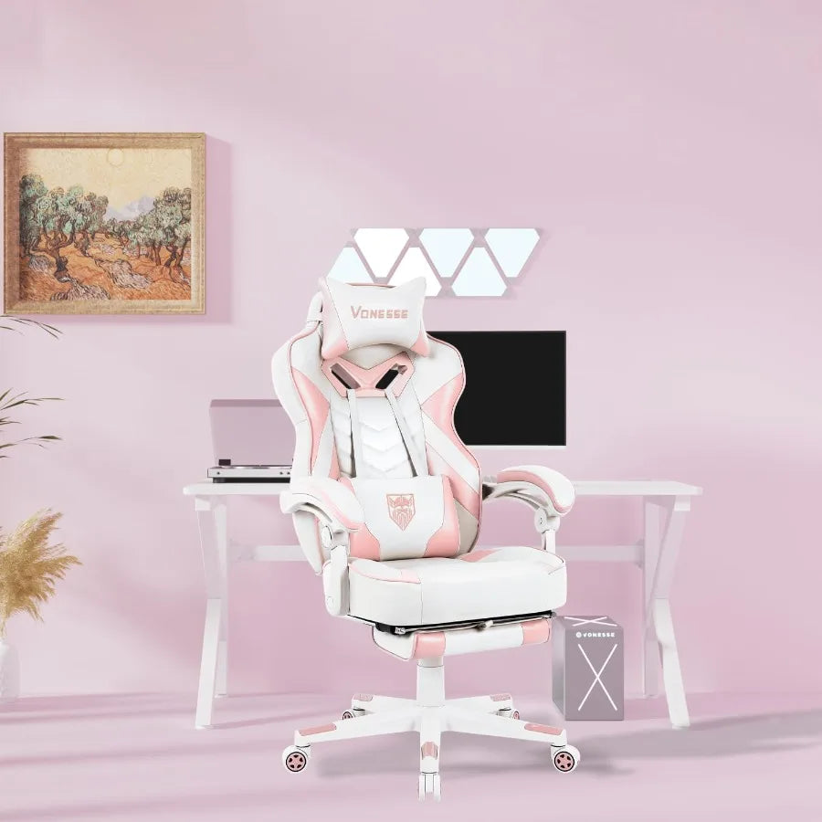 Pink Gaming Chair for AdultsGirls Computer Chair with High Back Big and Tall Gaming Chairs with Footrest and Massage Reclining