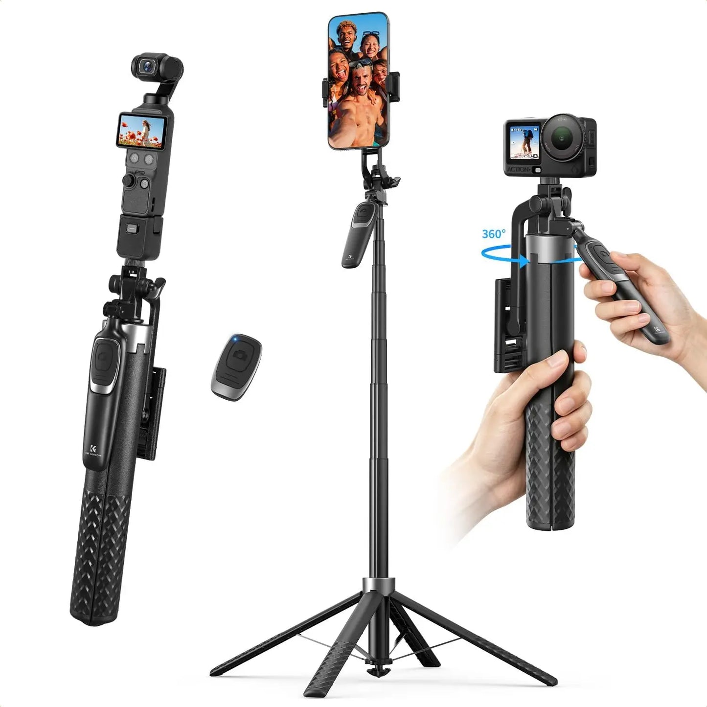 71" Phone Tripod, Auto Open Selfie Stick with 4 Legs & Stabilizing Handle, 360° Rotation Cell Phone Stand with Remote for iPhone