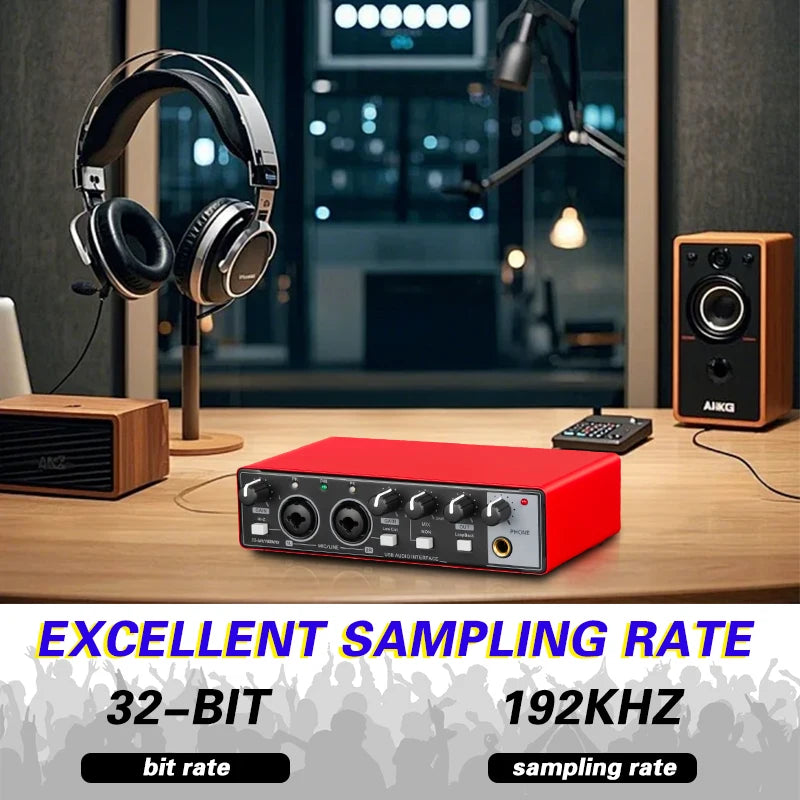 Nxg MD21 USB audio interface with 24-bit mic input; red metal chassis on a desk with headphones and AKG monitors.