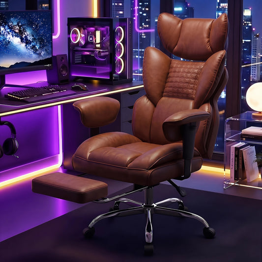 JHK ergonomic gaming chair in brown PU leather with adjustable armrests, footrest, reclining back.