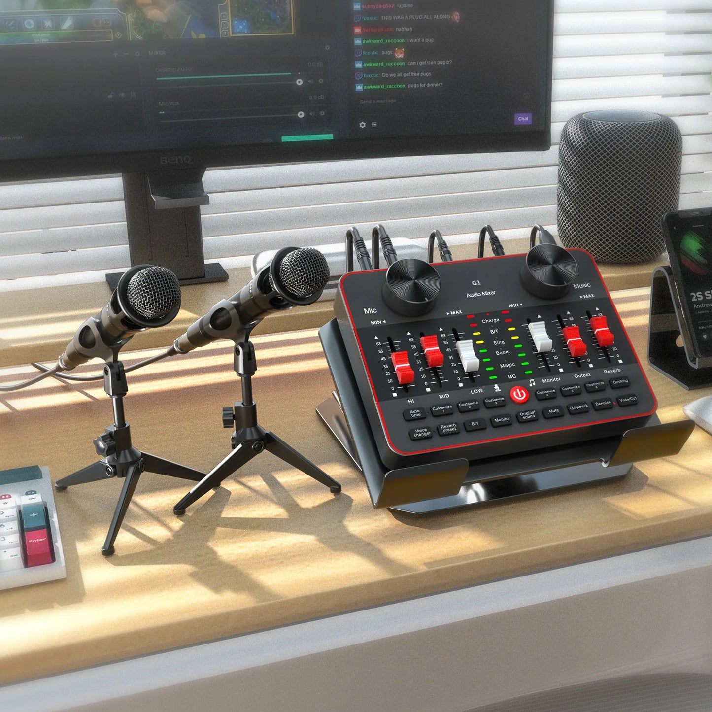 Podcast Equipment Bundle, All-in-One Audio Interface DJ Mixer with 2 Condenser Microphones, Recording Studio Kit Live Sound Card for Singing Broadcast, Live Streaming, Gaming