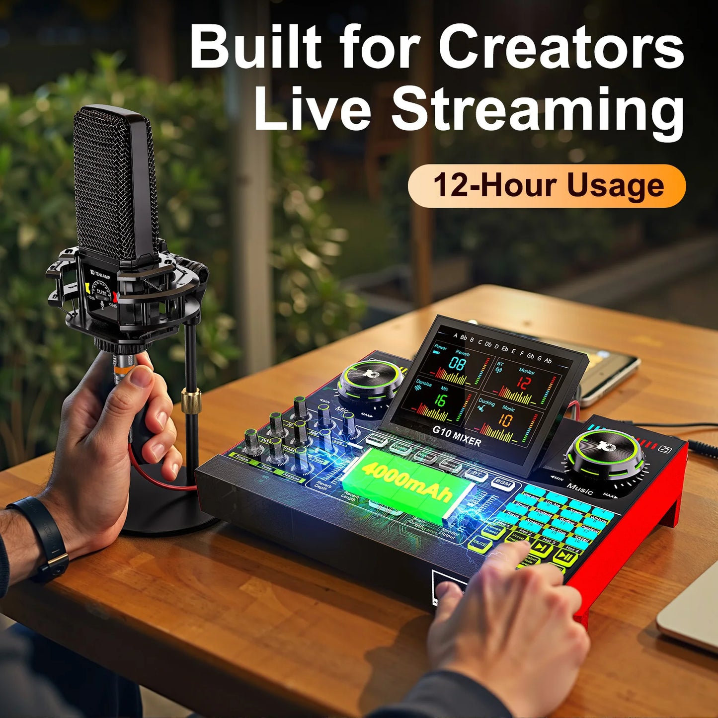 Tenlamp G10 PKPRO Live Sound Card with 6-Channel Mixer and RGB Lighting