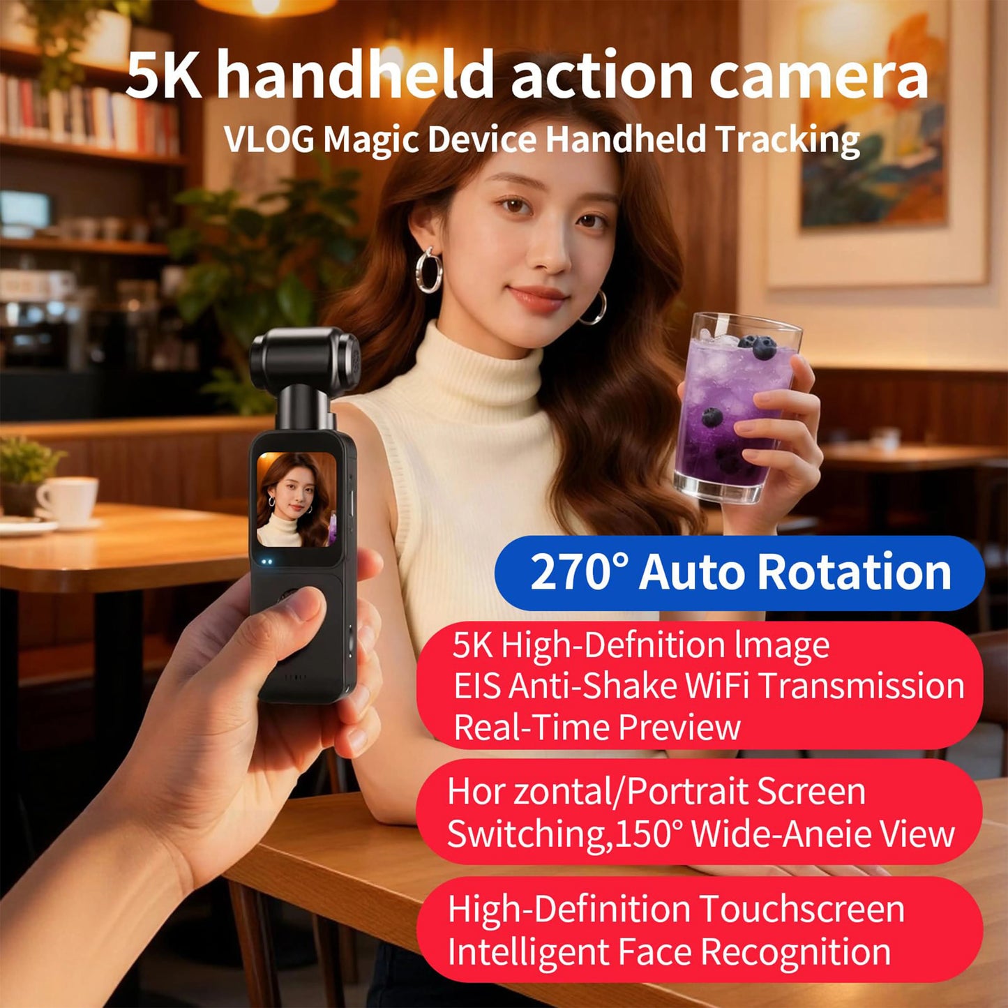 5K HD Handheld Camera 270° Rotation Lens Touchscreen Action Camera Anti-shake Autofocus Vlogging Camcorder