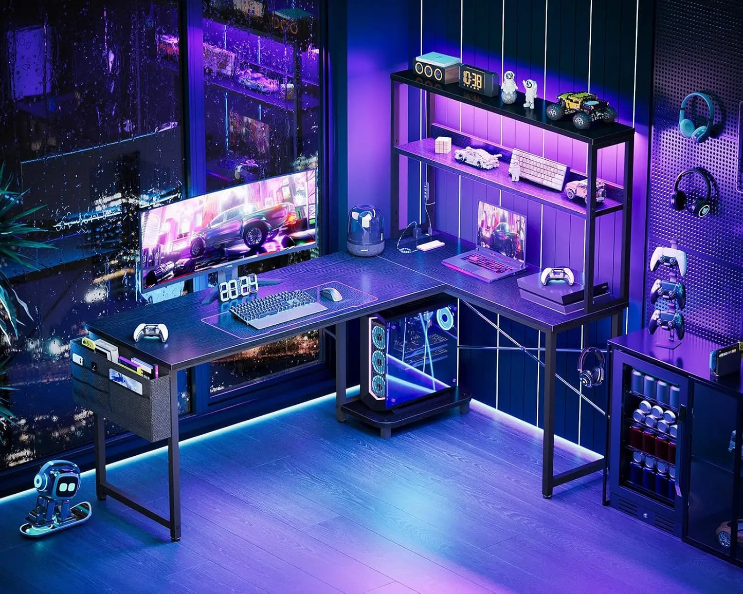 L Shaped Desk Gaming Desk with LED Light & Power Outlet, 61 Inch Reversible L Shaped Computer Table with Shelf,