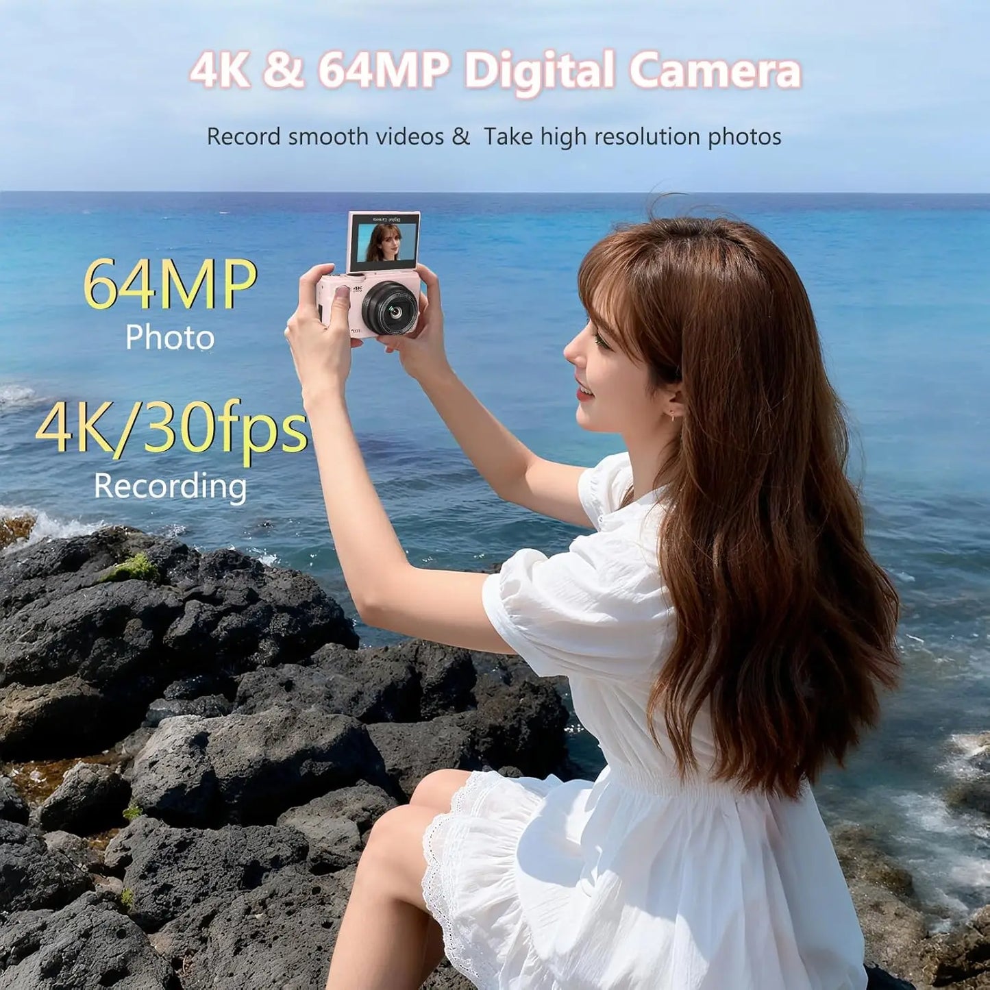 Pink 64MP Photo Capture 4K Digital Camera, 180° Flip Screen Vlogging Camera, WiFi-Enabled Compact Point-and-Shoot with 32GB Memory Card, Easy to Use for Beginners and Travelers,